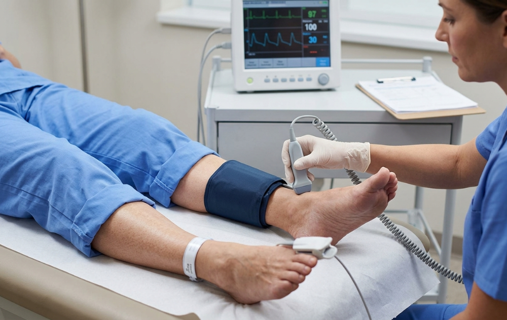 Ankle brachial index test being performed on a patient.
