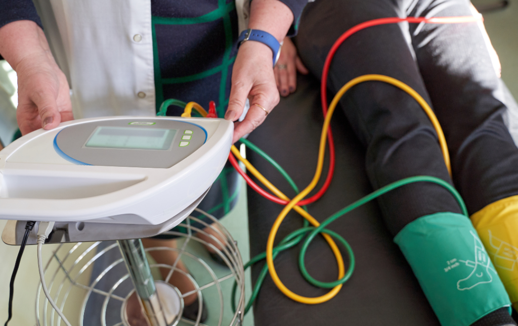 Ankle brachial index (ABI) test to detect blockages in the legs.