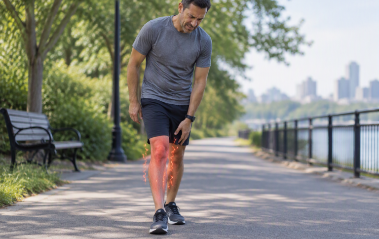 Man experiencing leg tinglingh and numbness during walking activity