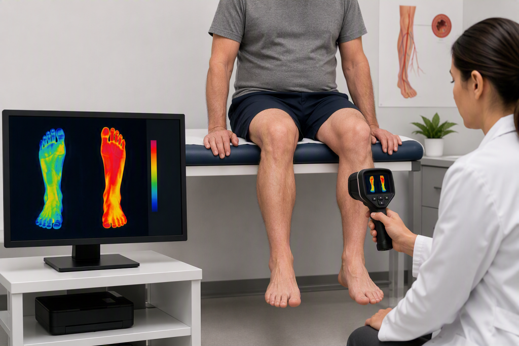 Person comparing leg temperature difference during PAD evaluation