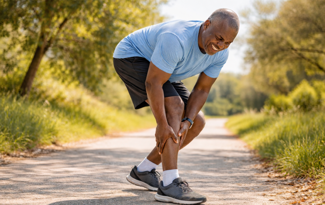 Black man on a hiking trail grabs his left calf because it started to hurt while he was walking.