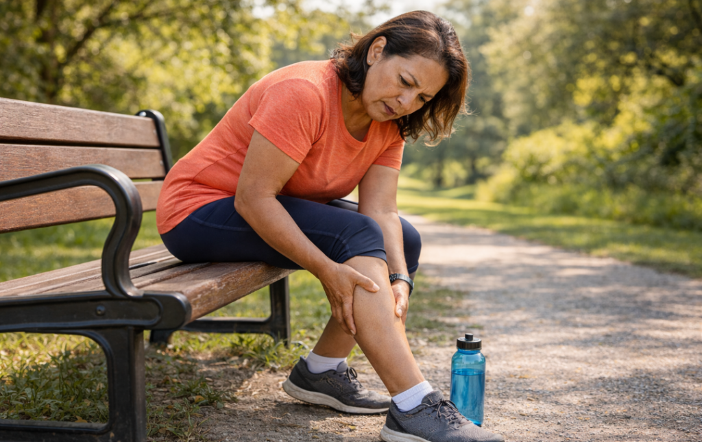 Hispanic woman on a trail is dehydrated and grabs her leg because it's in pain.