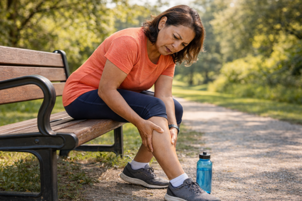 Hispanic woman on a trail is dehydrated and grabs her leg because it's in pain.