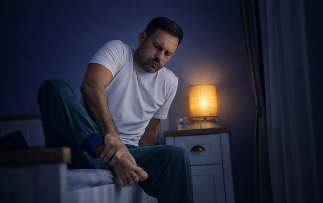 A Hispanic man wakes up at night and grabs his foot while grimacing. PAD can cause nightly foot or leg pain in later stages.