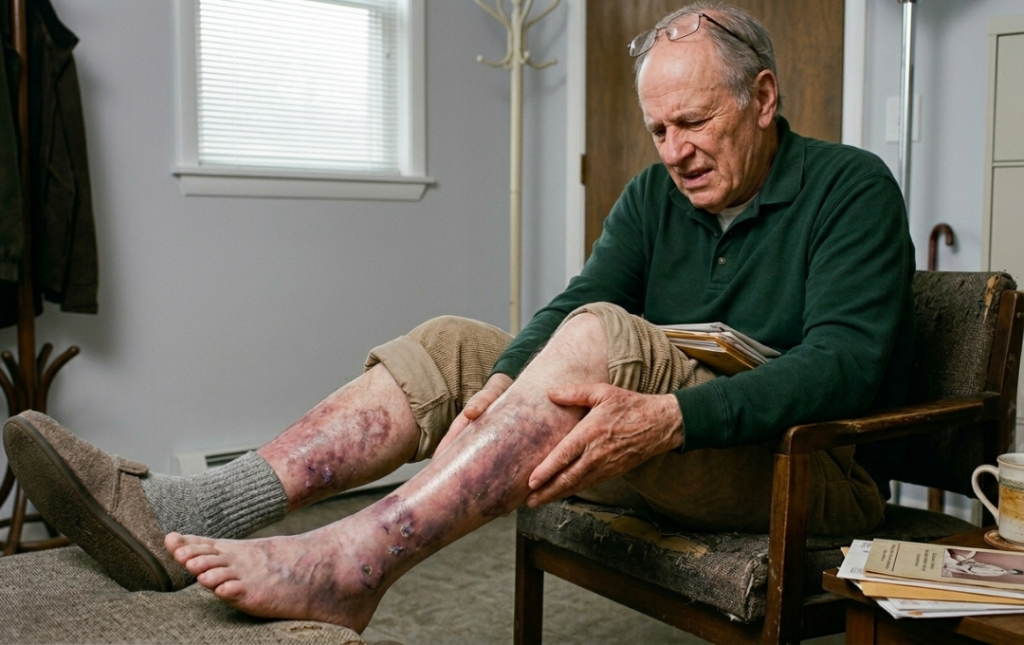 Elderly man suffering from PAD with skin discoloration and slow healing wounds on legs.