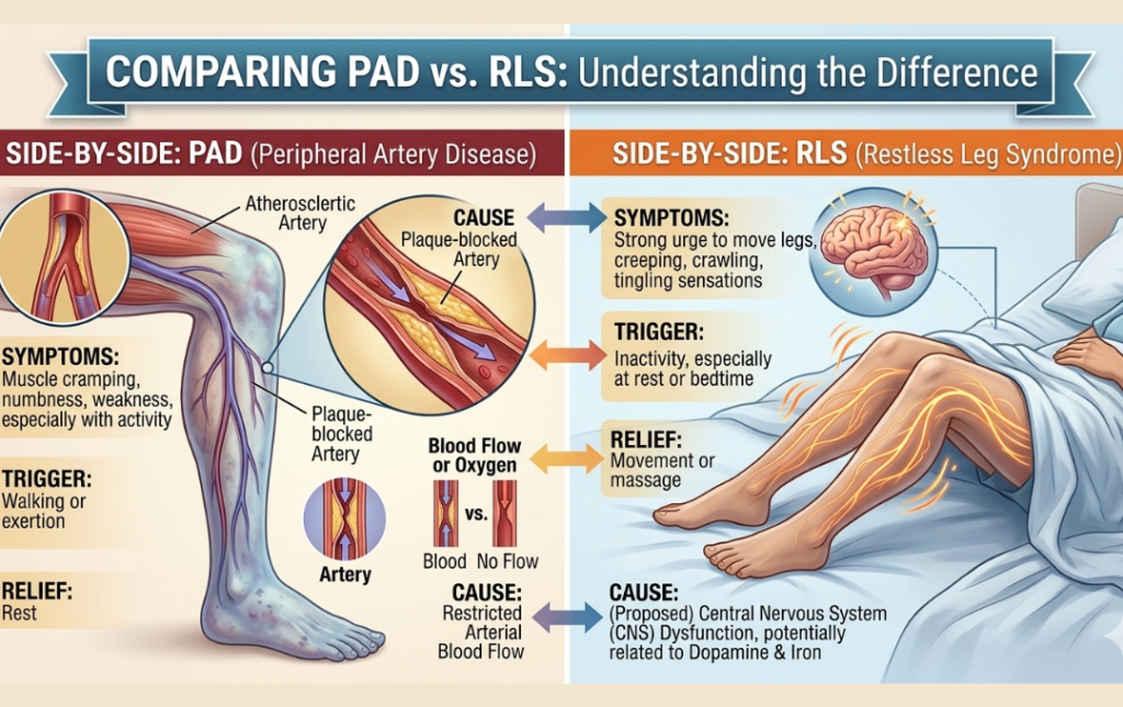 Difference between restless leg syndrome and peripheral artery disease