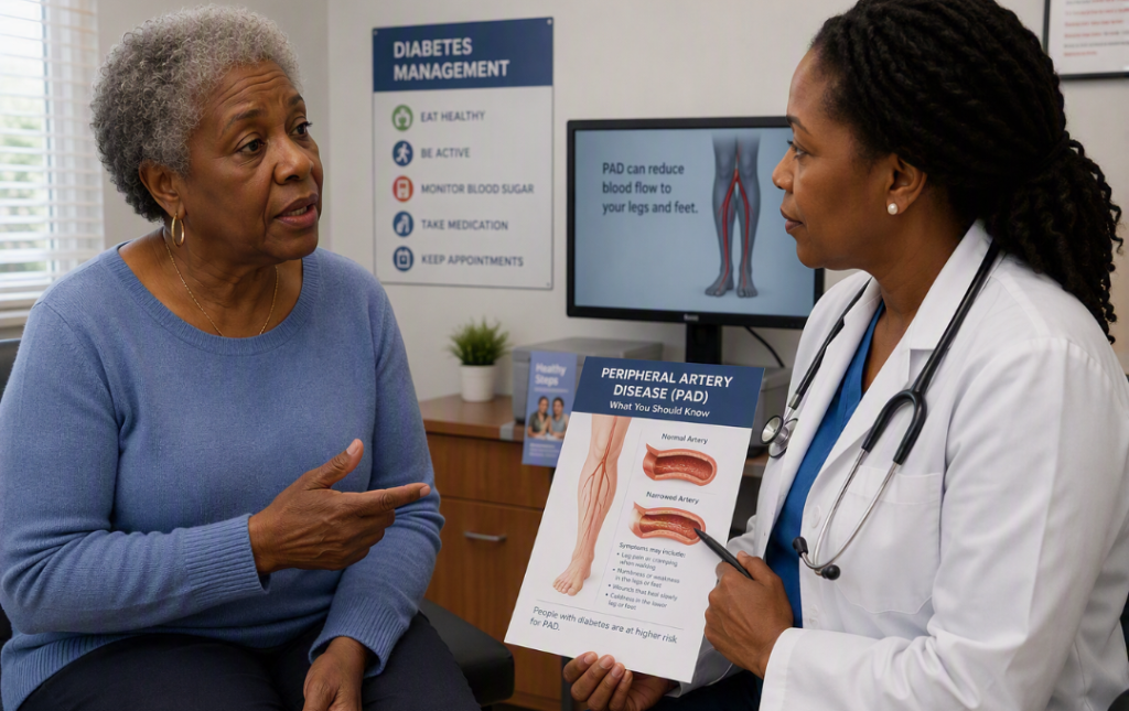 DIabetic patient talks with vascular doctor about PAD Disease.