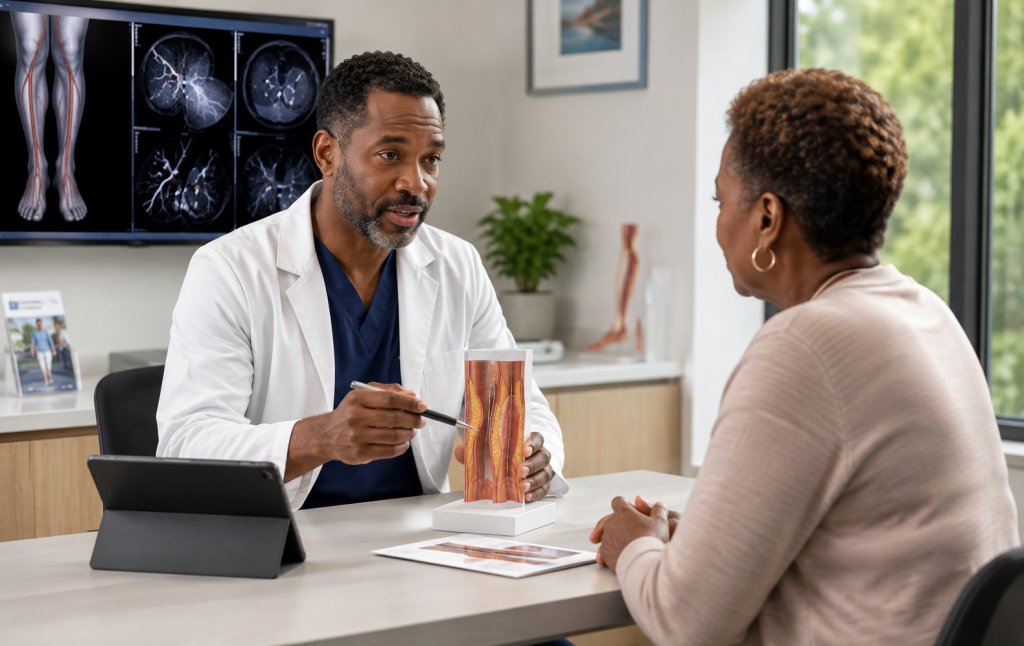 Patient consulting with vascular specialist abut PAD treatment options at outpatient center.