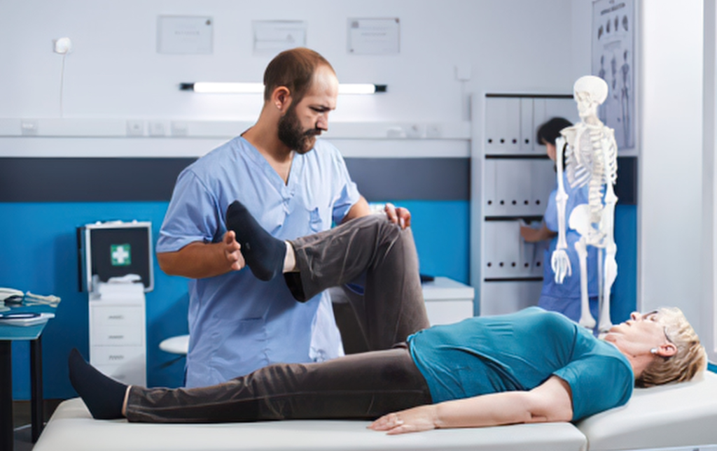 Vascular specialist examining woman's leg to check for pain and poor circulation caused by PAD.