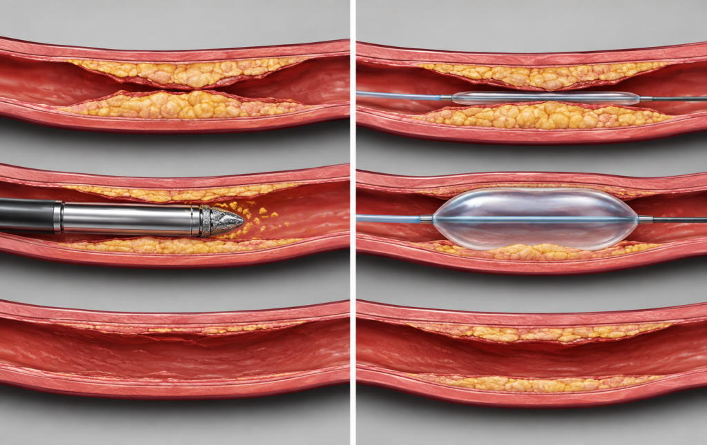 Diagram showing plaque removal in atherectomy compared to balloon compression in angioplasty